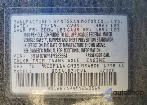 2015 Nissan Sentra S z USA, uszkodzony, nr VIN 3N1AB7AP4FY263564